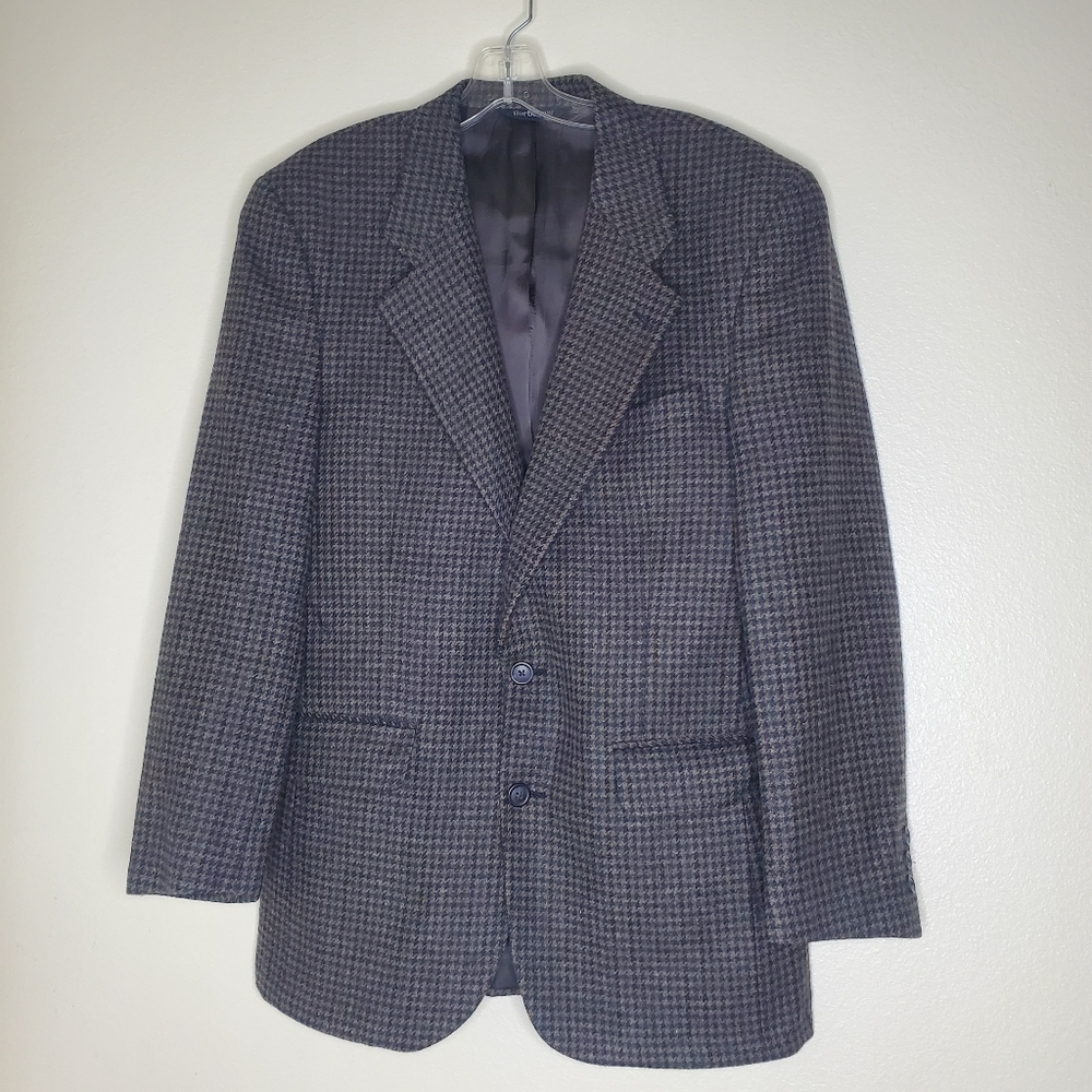 Vintage 90s Burberry‎ Mens 40 Wool Houndstooth Sport Coat Blazer Jacket Grey